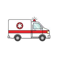 Illustration of a white ambulance with a red stripe and a star of life symbol. © mbak