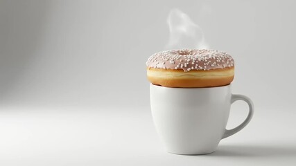 A delicious pink frosted donut with sprinkles resting atop a white coffee cup, steam rising - Powered by Adobe