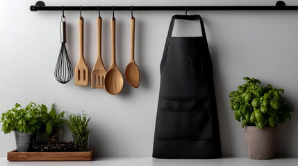 Black apron hanging on the wall with wooden cooking utensils and green herbs, top view mockup