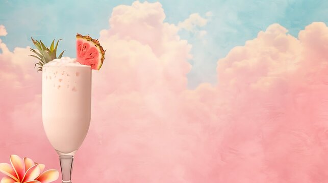 Refreshing pink drink with fruit garnish and dreamy cloud background