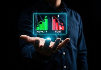 Quality control and cost optimization strategy. Businesswoman analyzing graph increased quality and decreased cost, efficiency improvement, cost reduction in operations, business effective, efficient,