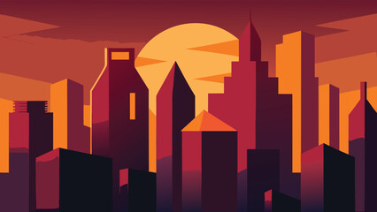 Fototapeta premium City Skyline Silhouette at Sunset with Warm Orange and Red Hues urban transparency background