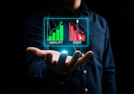 Quality control and cost optimization strategy. Businesswoman analyzing graph increased quality and decreased cost, efficiency improvement, cost reduction in operations, business effective, efficient,