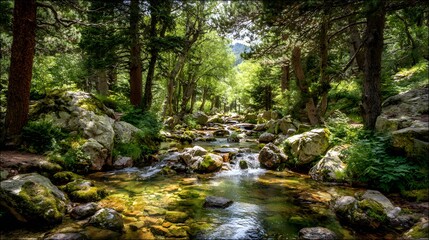 Obraz premium A tranquil mountain stream meanders through a lush forest, bathed in sunlight, showcasing the beauty of nature's serenity.