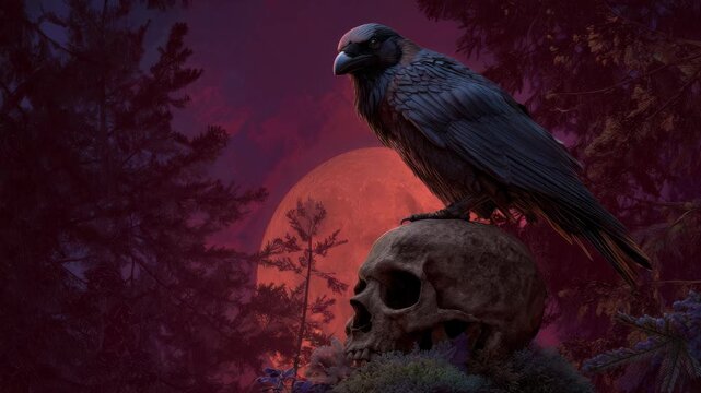 Menacing dark crow on human skull under spooky red moon in gothic forest
