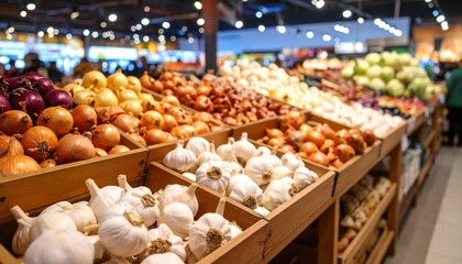 Grocery aisle filled with onions and garlic