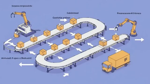 Illustration of a robotic manufacturing process from conception to delivery in a factory setting
