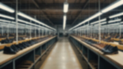 Naklejka premium blurry image of a shoe factory building with shoes being produced lined up on factory shelves, blurry wallpaper.
