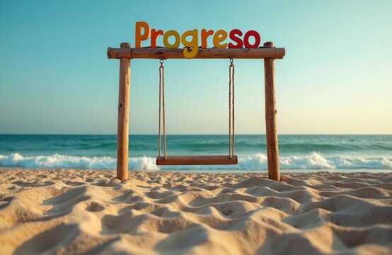 Wooden swing on sandy beach at Progreso, Mexico with colorful letters spelling town name. Turquoise ocean waves gently lap shore under clear blue sky. Perfect tropical destination for summer vacation