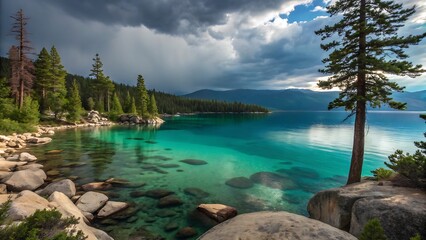Crystal clear turquoise lake water amidst rocky shores and pine trees
