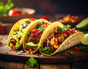 Vibrant display of three mouthwatering tacos with different assorted fillings on a wooden board.