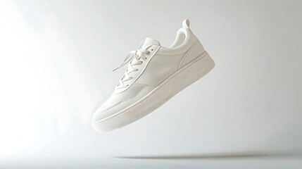 floating sneaker mockup in mid-air, soft shadows, white background, minimal futuristic lighting.