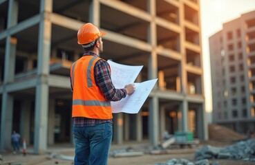 Construction manager in hard hat, safety vest reviews blueprints at urban project site. Oversees building development, analyzing plans for structural progress, efficient workflow. Collaboration,