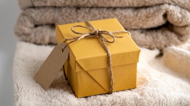 A mustard yellow gift box tied with twine sits atop a fluffy white surface. Beige towels rest in the background. A blank tag dangles