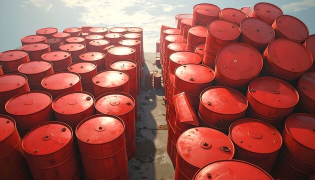 Stacked red barrels under a sunny sky