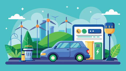 Electric Car Charging Station with Wind Turbines renewable energy transparency background