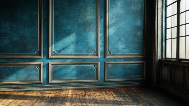 Elegant interior of a vintage room with blue walls and wooden floor, sunlight streaming through windows