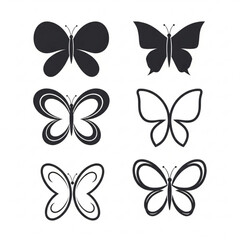 Set of six different butterfly silhouettes isolated on white background