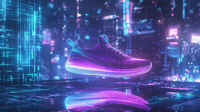 glowing sneaker floating in cyberpunk city lights, purple and cyan neon reflection, sci-fi fashion style.
