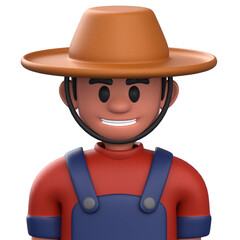 3D Render 3D cowboy character with hat, red shirt, blue overalls; suitable for branding, gaming, and educational apps.
