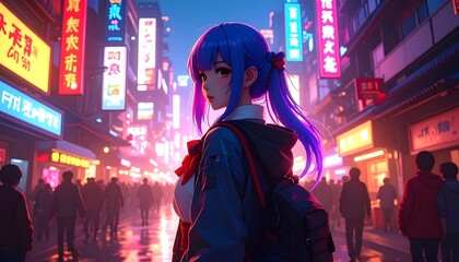 Obraz premium Anime girl in a vibrant city at night