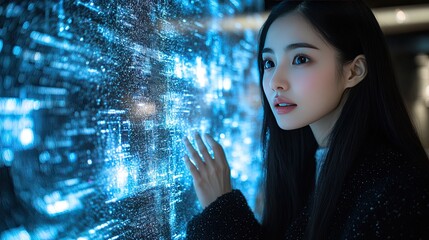 Asian woman interacts with futuristic blue digital interface with binary data flowing in