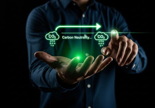 Carbon neutrality concept. A person pointing at carbon neutrality progress bar, with CO2 reduction symbols, representing environmental conservation and sustainability efforts. climate action, Net zero