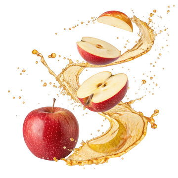 Whole apple and slices with splashing juice isolated on transparent background