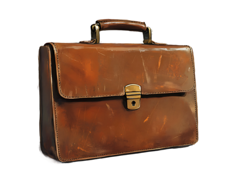 Vintage brown leather briefcase isolated on transparent background
