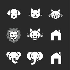 A grid of simple white animal faces and house icons on a dark background.