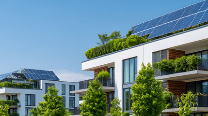 modern eco-friendly building with solar panels on roof. apartment house in city uses solar energy. sustainable design promotes green living, renewable energy saving for eco-conscious consumer.