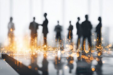 Obraz premium Silhouette of business professionals in a modern office with city lights reflection