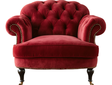 Red velvet button tufted armchair isolated on transparent background