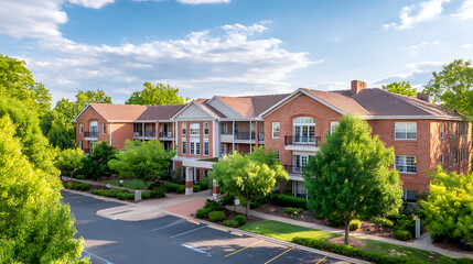 senior retirement community with apartment-style living. large brick hotel building with brown roof and white windows. tree-lined street and parking lot outside.
