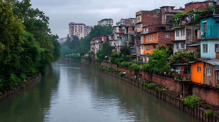 Obraz premium urban canal passes through dilapidated housing in overcast cityscape. dilapidated buildings with brick, metal, orange sheets line waterway. crowded, dense neighborhood, poor living conditions,