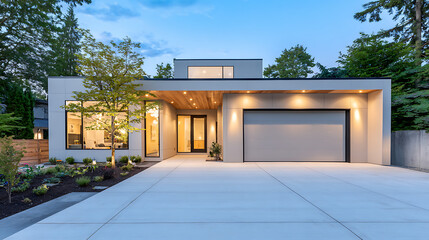modern garage with sliding door, cool gray paint, light beige walls. serene driveway, solitary tree, solitary light fixture. harmonious, tranquil atmosphere in spacious garage interior.