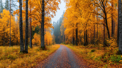 Obraz premium sunlit forest path lined with vibrant yellow autumn leaves. tall trees with golden foliage create canopy overhead. ground covered in fallen leaves, creating colorful carpet. light mist hangs in air,
