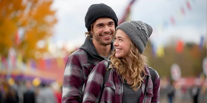 Couple having fun at fall festival to celebrate the autumn seasonal harvest in the local community