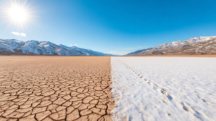 surreal landscape divides scorching desert with cracked dry earth under intense sun, meeting snow-covered ground with frosted sand, footprints. warm, cool tones merge, showing nature dramatic