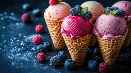 an enchanting array of colorful ice cream cones adorned with fresh berries and mint leaves against a dark backdrop evokes a sense of delectable indulgence and whimsical charm