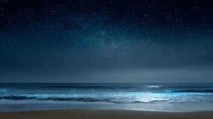 A tranquil beach scene at night, illuminated by a stunning starry sky and bioluminescent waves.