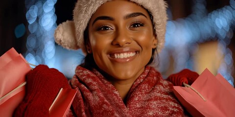Winter holiday shopping for the 2025 Christmas season with a happy shopper taking advantage of black friday and cyber monday deals