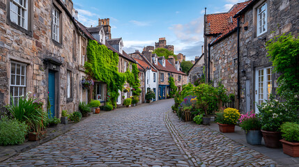 historic circus lane in edinburgh, scotland, features charming stone buildings with dormer windows, chimneys. cobbled street winds past traditional houses, green plants, potted plants, offering