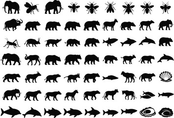 Collection of diverse animal silhouettes including elephants rhinos bears horses dolphins fish and insects on a white background
