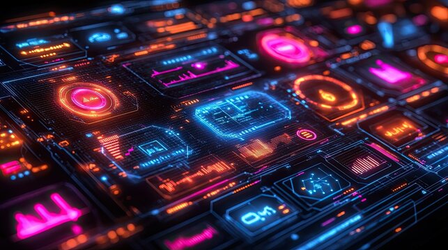 Futuristic abstract technology user interface with vibrant neon colors and digital patterns