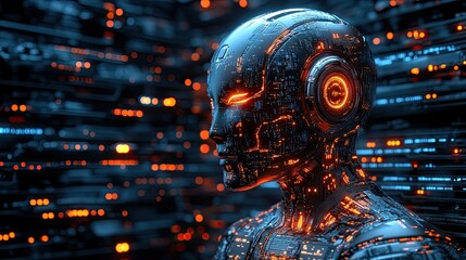 Futuristic humanoid robot with glowing circuits represents advanced technology