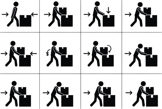 Pictorial representation of safe lifting techniques for handling heavy boxes and packages in a warehouse or logistics environment