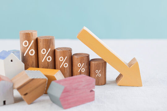 House property fall and down percentages, Property demand reduction, financial downturn, economy deflation, mortgage falling, recession concept