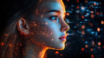 Futuristic portrait of a woman with a digital interface overlay and bokeh effects
