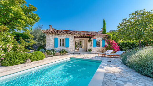 stone holiday home in provence with bright blue shutters and terracotta roof. private swimming pool with sun loungers set in rich garden. perfect for summer vacation rentals and luxury travel escapes. - Powered by Adobe